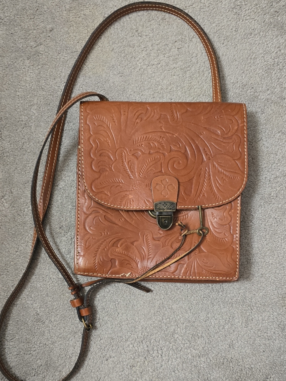 Patricia Nash, Embossed Leather Crossbody Bag in Tan With Lock And Key
